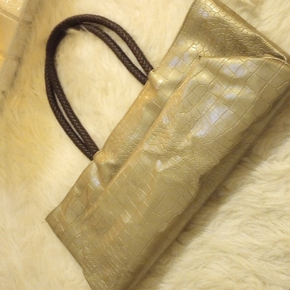 Large Saks Fifth Avenue Tote. Croc embossed. Brass tone. Braided brown straps. - Picture 9 of 11